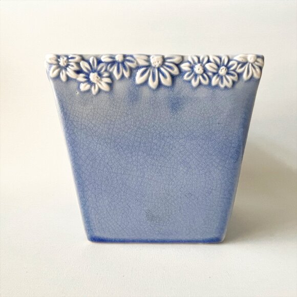 Embossed Floral Crackle Glaze Square Planter Pastel Blue Flower Pot 6" - Picture 5 of 5